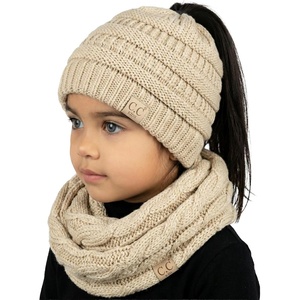 image:imageFunky Junque Girls Winter Hat amp Scarf Sets  Pom Beanie Ponytail Beanies or Headband with Matching Infinity Scarf Ages 15Beige  Beanie Tail  Scarf