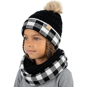 image:imageFunky Junque Girls Winter Hat amp Scarf Sets  Pom Beanie Ponytail Beanies or Headband with Matching Infinity Scarf Ages 15Buffalo Check  BlackWhite Pom