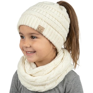 image:imageFunky Junque Girls Winter Hat amp Scarf Sets  Pom Beanie Ponytail Beanies or Headband with Matching Infinity Scarf Ages 15Ivory  Beanie Tail  Scarf