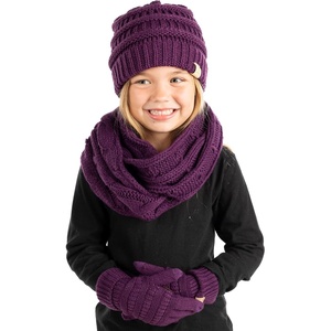 image:imageFunky Junque Kids Cozy Winter Set  Matching Ribbed Beanie Hat Cable Knit Scarf amp GlovesDark Purple