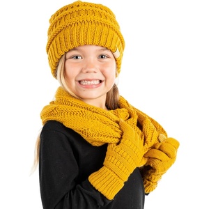 image:imageFunky Junque Kids Cozy Winter Set  Matching Ribbed Beanie Hat Cable Knit Scarf amp GlovesMustard