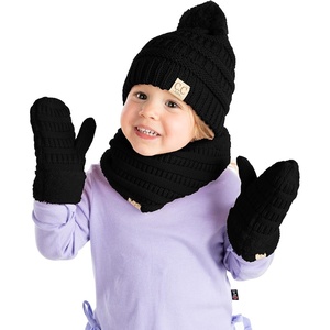 image:imageFunky Junque Kids Matching Neck Warmer Scarf Soft Fuzzy Cuff Gloves Mittens Ribbed Knit Pom Pom Beanie Bundle Boy GirlBlack