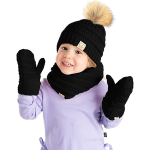 image:imageFunky Junque Kids Matching Neck Warmer Scarf Soft Fuzzy Cuff Gloves Mittens Ribbed Knit Pom Pom Beanie Bundle Boy GirlBlack Faux Fur Pom