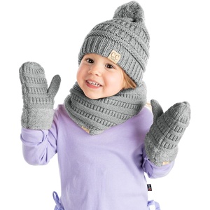 image:imageFunky Junque Kids Matching Neck Warmer Scarf Soft Fuzzy Cuff Gloves Mittens Ribbed Knit Pom Pom Beanie Bundle Boy GirlHeather Grey