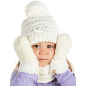 image:imageFunky Junque Kids Matching Neck Warmer Scarf Soft Fuzzy Cuff Gloves Mittens Ribbed Knit Pom Pom Beanie Bundle Boy GirlIvory