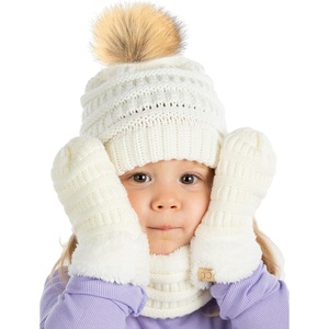 image:imageFunky Junque Kids Matching Neck Warmer Scarf Soft Fuzzy Cuff Gloves Mittens Ribbed Knit Pom Pom Beanie Bundle Boy GirlIvory Faux Fur Pom