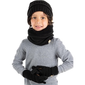 image:imageFunky Junque Kids Matching Winter Solid Ribbed Beanie Cap Fleece Lined Neck Warmer Stretchy Toddler Gloves BundleBlack