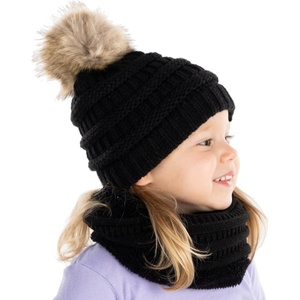 image:imageFunky Junque Kids Winter Fleece Lined Neck Warmer Ribbed Knit Pom Pom Winter Beanie Bundle Cold Weather Gaiter ToddlerBlack Faux Fur Pom