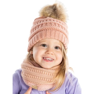 image:imageFunky Junque Kids Winter Fleece Lined Neck Warmer Ribbed Knit Pom Pom Winter Beanie Bundle Cold Weather Gaiter ToddlerIndi Pink Faux Fur Pom