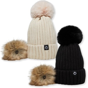 image:imageFunky Junque Knit Baby Beanie  Detachable Pom Pom Winter Hat for Infants 012 Months Soft Warm Infant Beanies Boys amp Girls2 Pack  Black  Beige