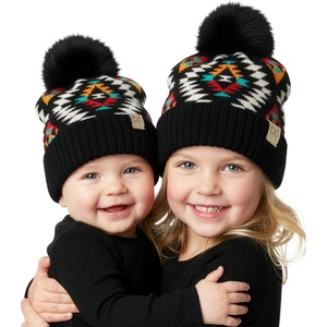 image:imageFunky Junque Matching Infant amp Toddler Pom Beanies  Winter Knit Hats for Baby Girls amp Siblings Adorable SetAztec Pattern  Black