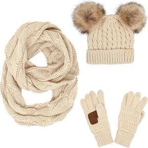 image:imageFunky Junque Matching Sets Kids Beanie Hat Scarf Texting Gloves Bundle Girls Boys ToddlerBeige Natural Double Pom
