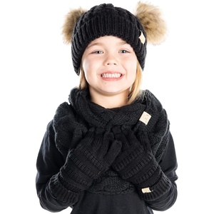image:imageFunky Junque Matching Sets Kids Beanie Hat Scarf Texting Gloves Bundle Girls Boys ToddlerBlack  Natural Double Pom
