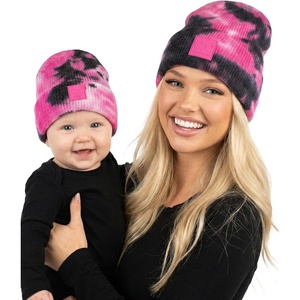 image:imageFunky Junque Mommy amp Me Beanie Set  Matching Knit Winter Hats for Baby Toddler Kids amp Moms Cute Family Beanies BundleAdult  Infant  Tie Dye  BlackHot Pink 2 Pk