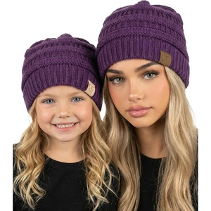 image:imageFunky Junque Mommy amp Me Beanie Set  Matching Knit Winter Hats for Baby Toddler Kids amp Moms Cute Family Beanies BundleAdult  Toddler  Ribbed  Dark Purple 2 Pk