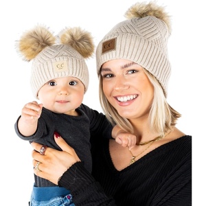 image:imageFunky Junque Mommy amp Me Double Pom Beanies  Mama amp Mini Matching Winter Outfits Mom amp Infant Baby Girl Beanie Hat SetDiagonal Basketweave  Beige