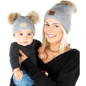 image:imageFunky Junque Mommy amp Me Double Pom Beanies  Mama amp Mini Matching Winter Outfits Mom amp Infant Baby Girl Beanie Hat SetDiagonal Basketweave  Heather Grey