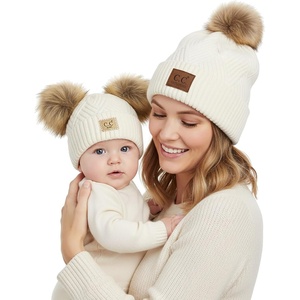 image:imageFunky Junque Mommy amp Me Double Pom Beanies  Mama amp Mini Matching Winter Outfits Mom amp Infant Baby Girl Beanie Hat SetDiagonal Basketweave  White