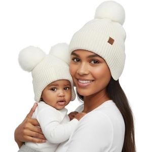 image:imageFunky Junque Mommy amp Me Double Pom Beanies  Mama amp Mini Matching Winter Outfits Mom amp Infant Baby Girl Beanie Hat SetEarflap  Ivory