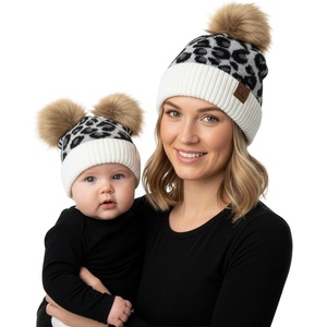 image:imageFunky Junque Mommy amp Me Double Pom Beanies  Mama amp Mini Matching Winter Outfits Mom amp Infant Baby Girl Beanie Hat SetLeopard  Ivory