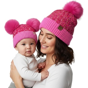 image:imageFunky Junque Mommy amp Me Double Pom Beanies  Mama amp Mini Matching Winter Outfits Mom amp Infant Baby Girl Beanie Hat SetSequin  Hot Pink