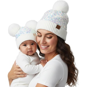 image:imageFunky Junque Mommy amp Me Double Pom Beanies  Mama amp Mini Matching Winter Outfits Mom amp Infant Baby Girl Beanie Hat SetSequin  White
