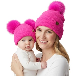 image:imageFunky Junque Mommy amp Me Double Pom Beanies  Mama amp Mini Matching Winter Outfits Mom amp Infant Baby Girl Beanie Hat SetTerry Chenille  Hot Pink