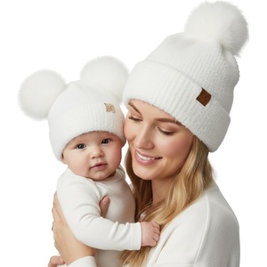 image:imageFunky Junque Mommy amp Me Double Pom Beanies  Mama amp Mini Matching Winter Outfits Mom amp Infant Baby Girl Beanie Hat SetTerry Chenille  Ivory