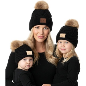 image:imageFunky Junque Mommy amp Me Double Pom Beanies 3Pack Matching Winter Hats for Mom Toddler amp Infant Girls Cozy Knit Family SetAdultToddler Single PomInfant Double Pom  Diagonal Stripes  Black 3 Pack