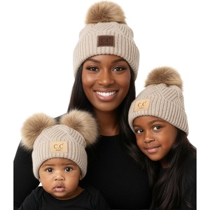 image:imageFunky Junque Mommy amp Me Double Pom Beanies 3Pack Matching Winter Hats for Mom Toddler amp Infant Girls Cozy Knit Family SetDiagonal Basketweave  Beige
