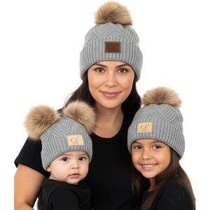 image:imageFunky Junque Mommy amp Me Double Pom Beanies 3Pack Matching Winter Hats for Mom Toddler amp Infant Girls Cozy Knit Family SetDiagonal Basketweave  Heather Grey