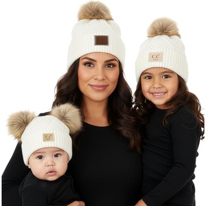 image:imageFunky Junque Mommy amp Me Double Pom Beanies 3Pack Matching Winter Hats for Mom Toddler amp Infant Girls Cozy Knit Family SetDiagonal Basketweave  White