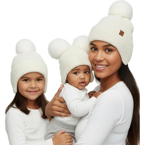 image:imageFunky Junque Mommy amp Me Double Pom Beanies 3Pack Matching Winter Hats for Mom Toddler amp Infant Girls Cozy Knit Family SetEar Flap  Ivory