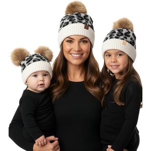 image:imageFunky Junque Mommy amp Me Double Pom Beanies 3Pack Matching Winter Hats for Mom Toddler amp Infant Girls Cozy Knit Family SetLeopard  Ivory