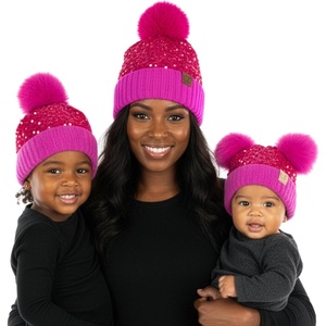 image:imageFunky Junque Mommy amp Me Double Pom Beanies 3Pack Matching Winter Hats for Mom Toddler amp Infant Girls Cozy Knit Family SetSequin  Hot Pink