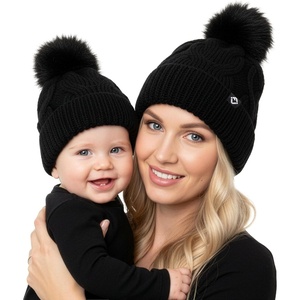 image:imageFunky Junque Mommy amp Me Matching Pom Beanie Set  Women Kids Family Knit AdultInfant  Cable KnitAdultInfant  Cable Knit  Black 2 Pack