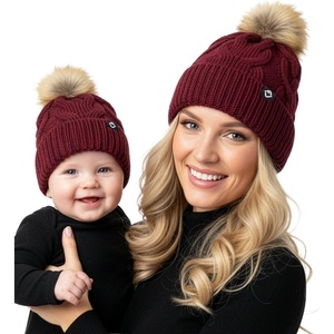 image:imageFunky Junque Mommy amp Me Matching Pom Beanie Set  Women Kids Family Knit AdultInfant  Cable KnitAdultInfant  Cable Knit  Burgundy 2 Pack