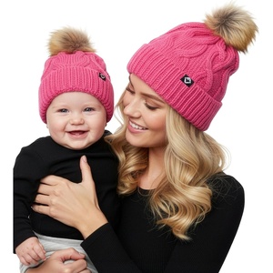 image:imageFunky Junque Mommy amp Me Matching Pom Beanie Set  Women Kids Family Knit AdultInfant  Cable KnitAdultInfant  Cable Knit  Candy Pink 2 Pack
