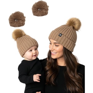 image:imageFunky Junque Mommy amp Me Matching Pom Beanie Set  Women Kids Family Knit AdultInfant  Cable KnitAdultInfant  Detachable Pom  Taupe 2 Pack