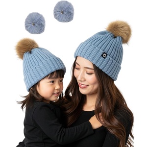 image:imageFunky Junque Mommy amp Me Matching Pom Beanie Set  Women Kids Family Knit AdultInfant  Cable KnitAdultToddler  Detachable Pom  Denim 2 Pack