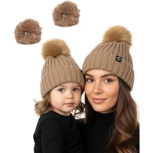 image:imageFunky Junque Mommy amp Me Matching Pom Beanie Set  Women Kids Family Knit AdultInfant  Cable KnitAdultToddler  Detachable Pom  Taupe 2 Pack