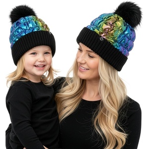 image:imageFunky Junque Mommy amp Me Matching Pom Beanie Set  Women Kids Family Knit AdultInfant  Cable KnitAdultToddler  Puffer  BlackMulticolor 2 Pack