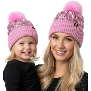 image:imageFunky Junque Mommy amp Me Matching Pom Beanie Set  Women Kids Family Knit AdultInfant  Cable KnitAdultToddler  Puffer  Pink 2 Pack
