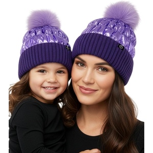 image:imageFunky Junque Mommy amp Me Matching Pom Beanie Set  Women Kids Family Knit AdultInfant  Cable KnitAdultToddler  Puffer  Purple 2 Pack