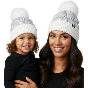 image:imageFunky Junque Mommy amp Me Matching Pom Beanie Set  Women Kids Family Knit AdultInfant  Cable KnitAdultToddler  Puffer  WhiteSilver 2 Pack