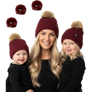 image:imageFunky Junque Mommy amp Me Matching Pom Beanie Set  Women Kids Family Knit AdultInfant  Cable KnitAdultToddlerInfant  Detachable Pom  Burgundy 3 Pack