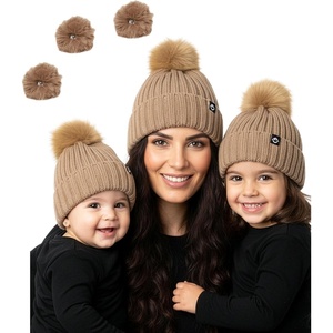image:imageFunky Junque Mommy amp Me Matching Pom Beanie Set  Women Kids Family Knit AdultInfant  Cable KnitAdultToddlerInfant Detachable Pom  Taupe 3 Pack