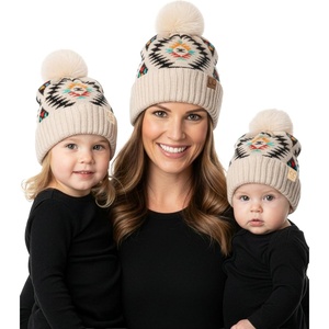 image:imageFunky Junque Mommy amp Me Pom Beanies  3Pack Knit Hats for Mom Toddler amp Infants Adorable Matching Winter SetAztec  Beige