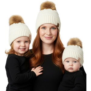 image:imageFunky Junque Mommy amp Me Pom Beanies  3Pack Knit Hats for Mom Toddler amp Infants Adorable Matching Winter SetFaux Fur  Ivory