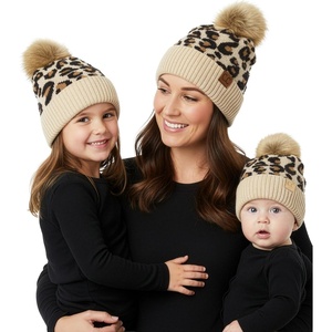 image:imageFunky Junque Mommy amp Me Pom Beanies  3Pack Knit Hats for Mom Toddler amp Infants Adorable Matching Winter SetLeopard  Beige